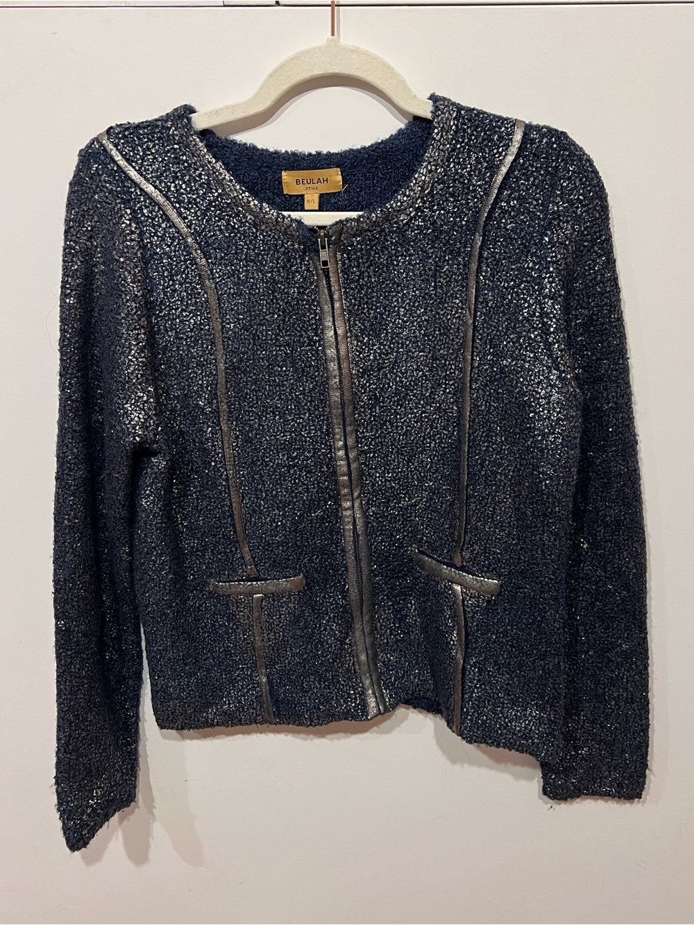 Beulah Tweed Zip Jacket Navy Blue Metallic Thread Cropped BlazerChic Structured - Picture 2 of 8